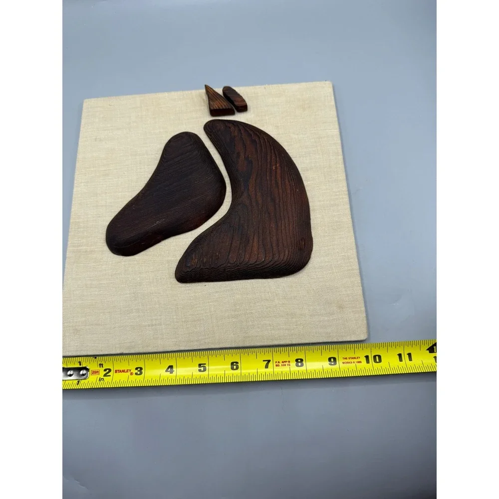 Vintage Mid Century Modern Abstract Wood Horse Head Wall Art Linen Board 9.5in